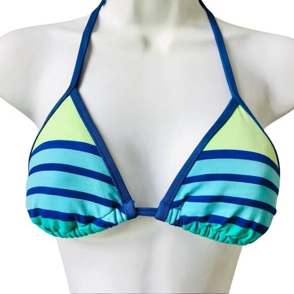 XS Hobie Bright Blue Green Stripe Halter Triangle Bikini Set Adjustable Straps - Picture 3 of 4